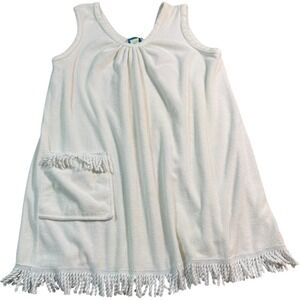 Vintage 80s Sleeveless Fringe Terrycloth‎ Beach Cover Up Womens Size Large White
